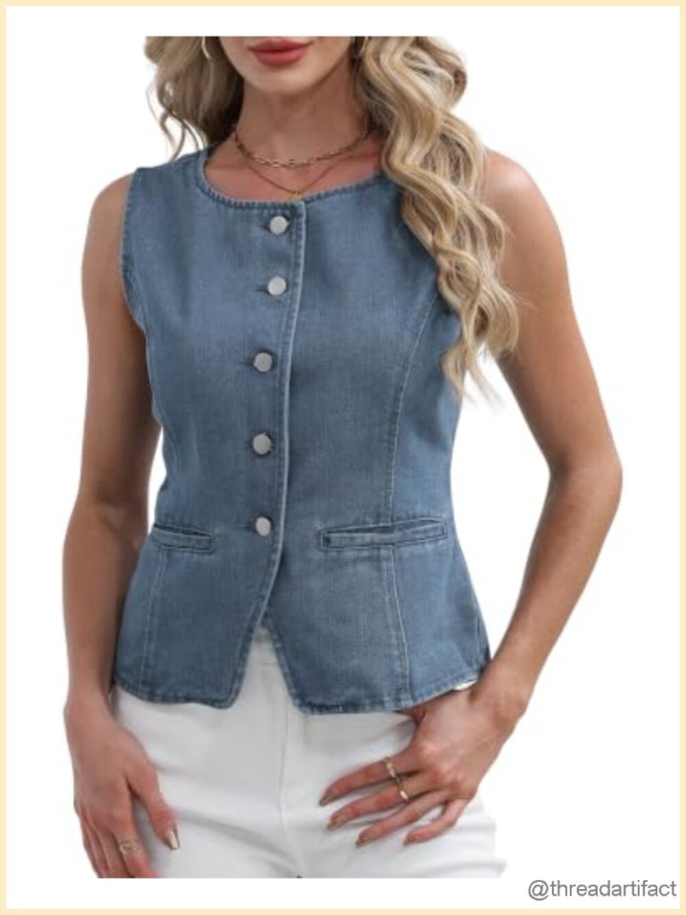 Crewneck Denim Vest Sleeveless Button Down Jean Vest Western Country Style